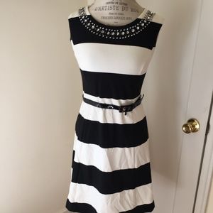 INC Striped Bejeweled belted dress in size M